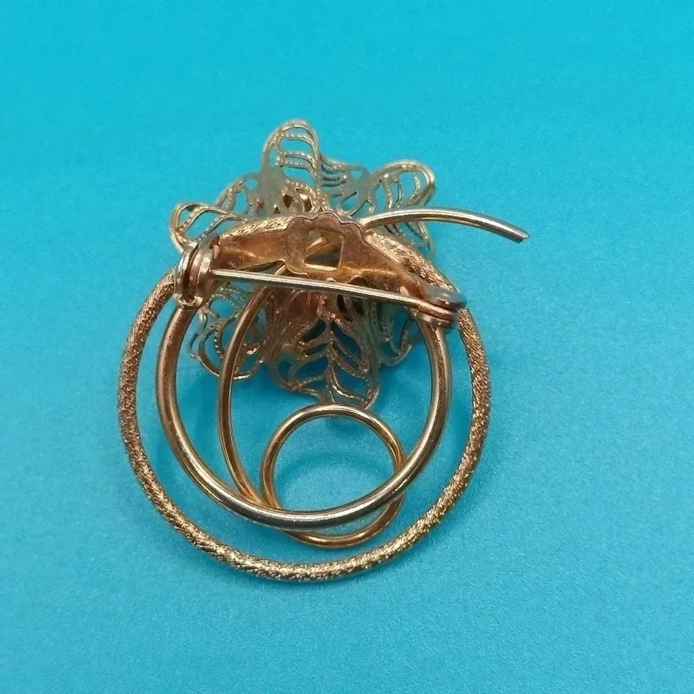 Gold Tone Circular Fashion Pink Rhinestones Brooch Pin 1